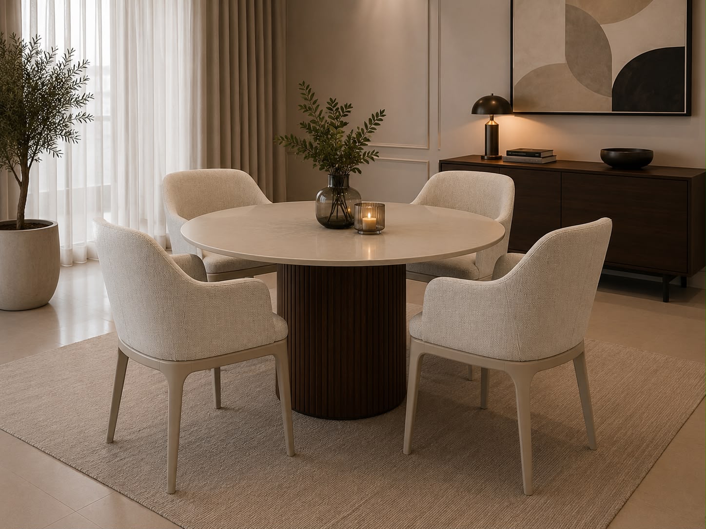 Cadeiras de sala de jantar à volta de mesa redonda