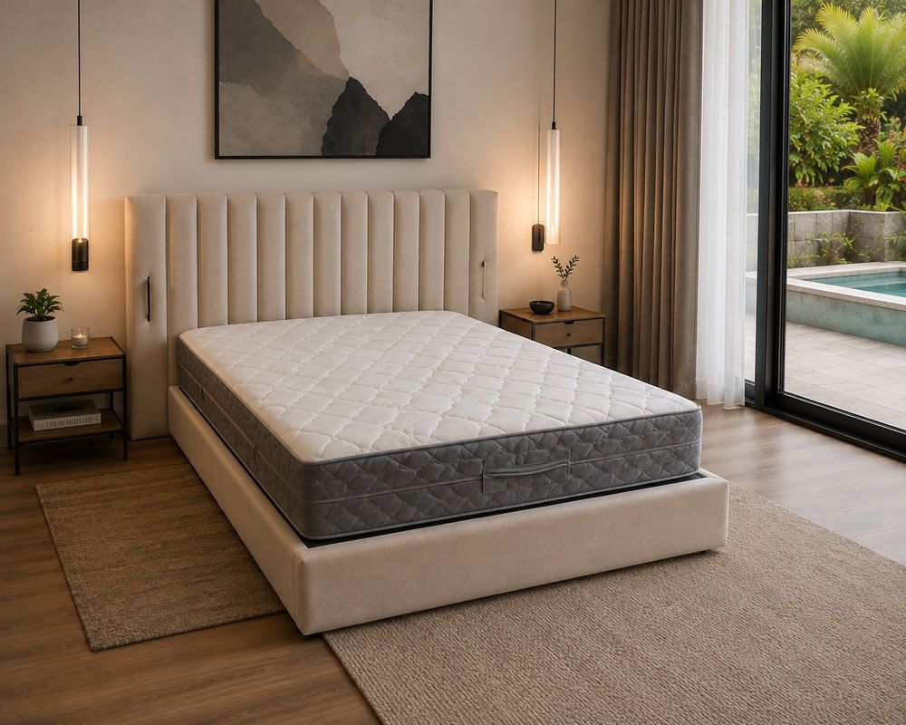 Cama estofada com cabeceira canelada