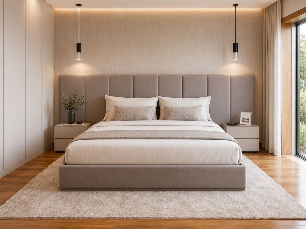 Cama estofada canelada cinza com cabeceira alta