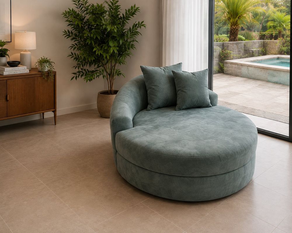 Chaise redonda em tecido verde-salva