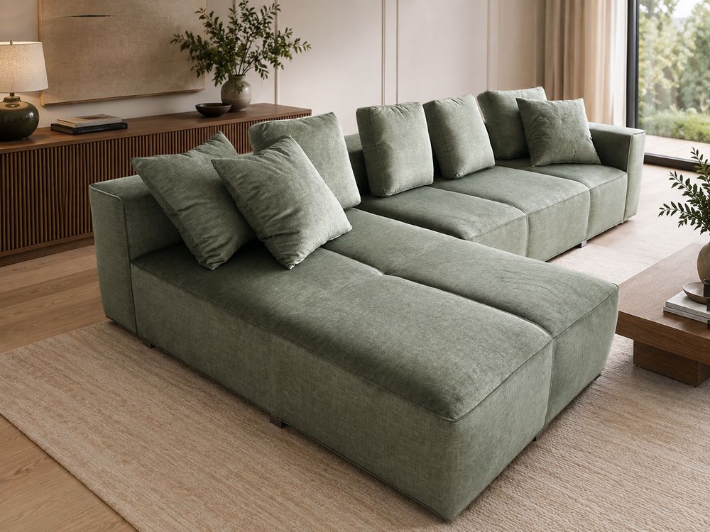 Sofá modular verde-oliva com chaise
