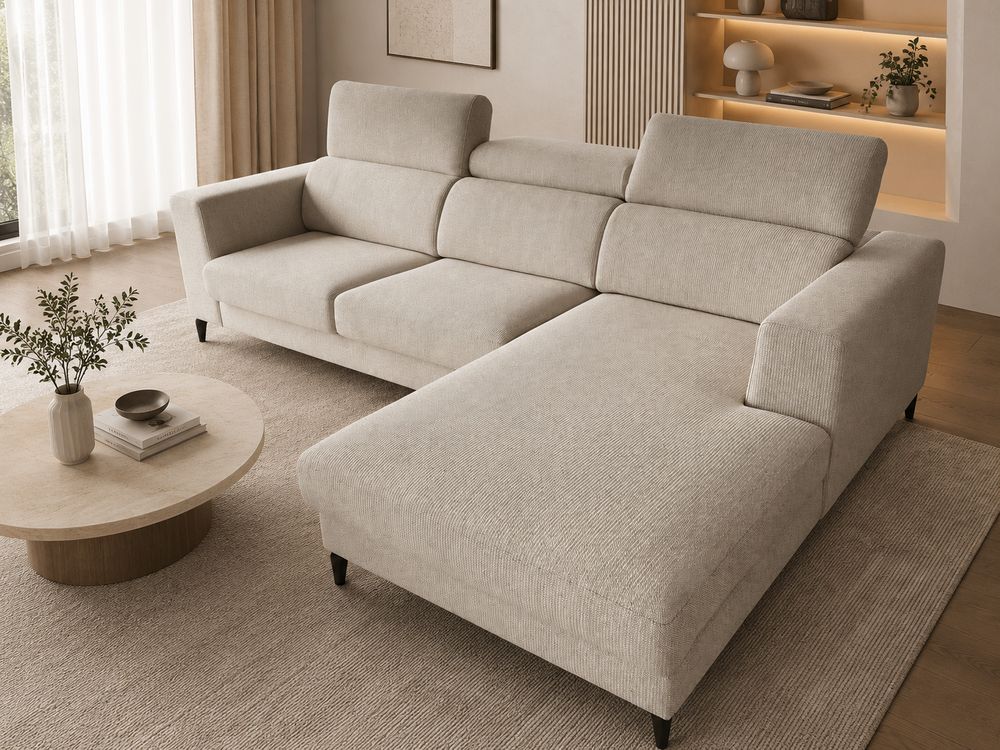 Sofá com chaise e apoios de cabeça ajustáveis creme