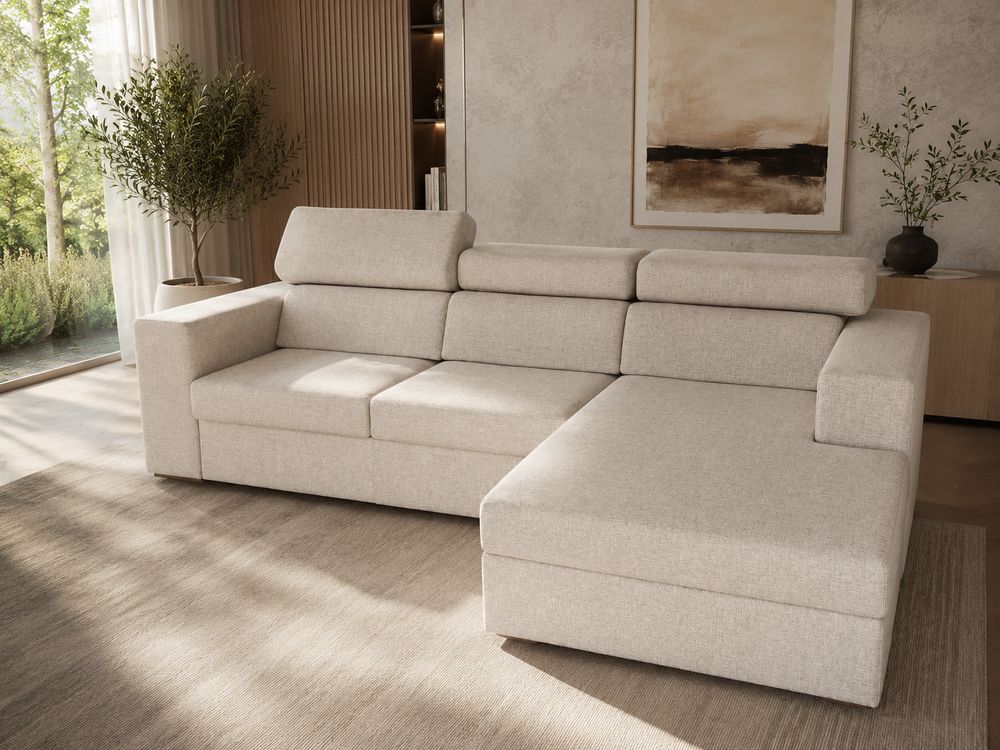 Sofá com chaise e apoios de cabeça creme