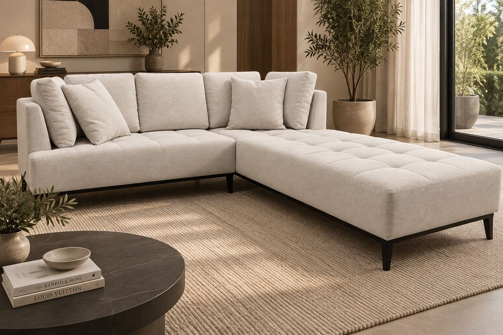 Sofá de canto creme com chaise