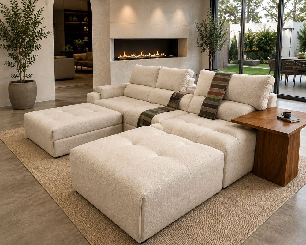 Sofá modular em U creme junto à lareira