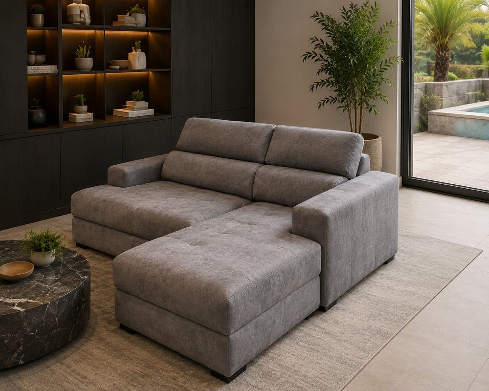 Sofá com chaise em tecido cinzento